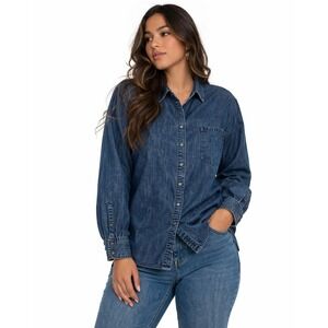 Pure Energy Womens 4X Plus Blue Denim Shirt Button Shirt Long Sleeve 100% Cotton